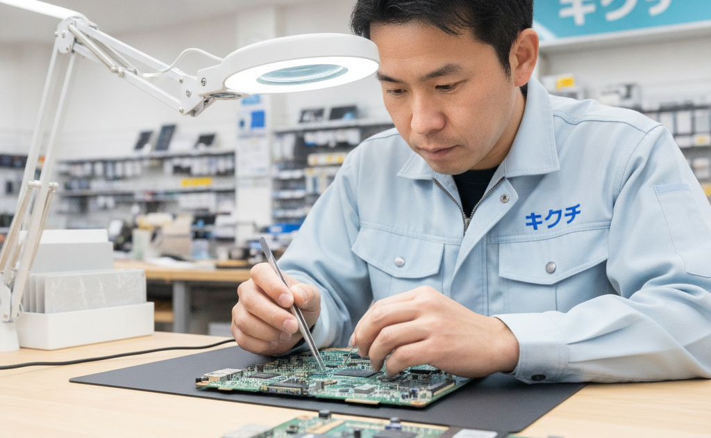 パソコンのマザーボード（基板）を検査する修理スタッフ
