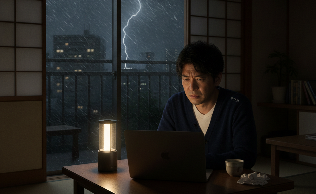 台風による停電で暗い部屋でノートパソコンを前に困っている男性