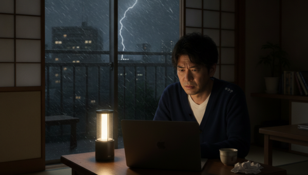 台風による停電で暗い部屋でノートパソコンを前に困っている男性
