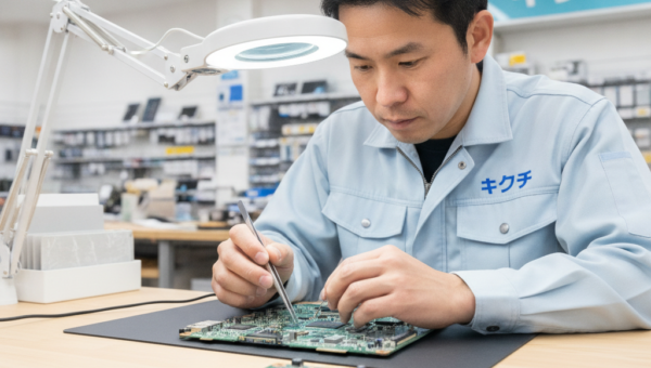 パソコンのマザーボード（基板）を検査する修理スタッフ