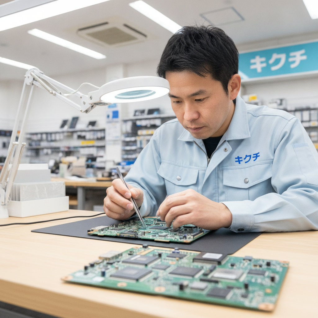 マザーボード（基板）を精密に検査する修理スタッフ