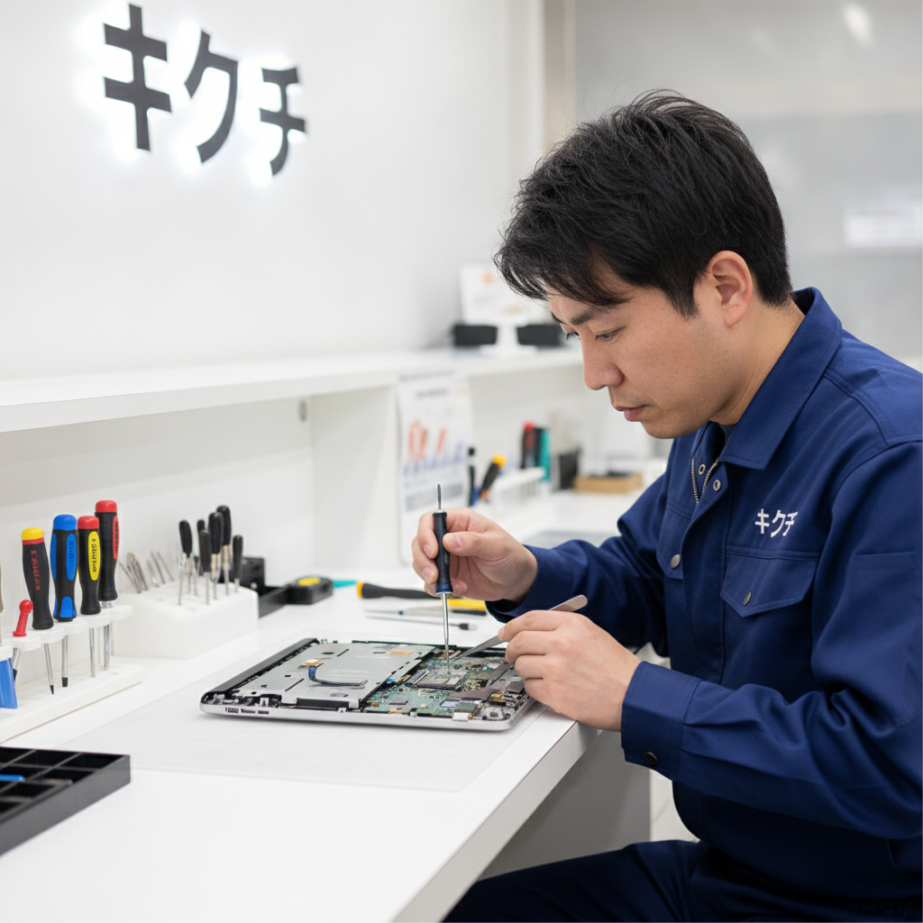 分解したノートパソコンを点検する修理のキクチのスタッフ