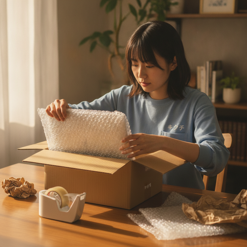 郵送修理のためノートパソコンを緩衝材で梱包する様子
