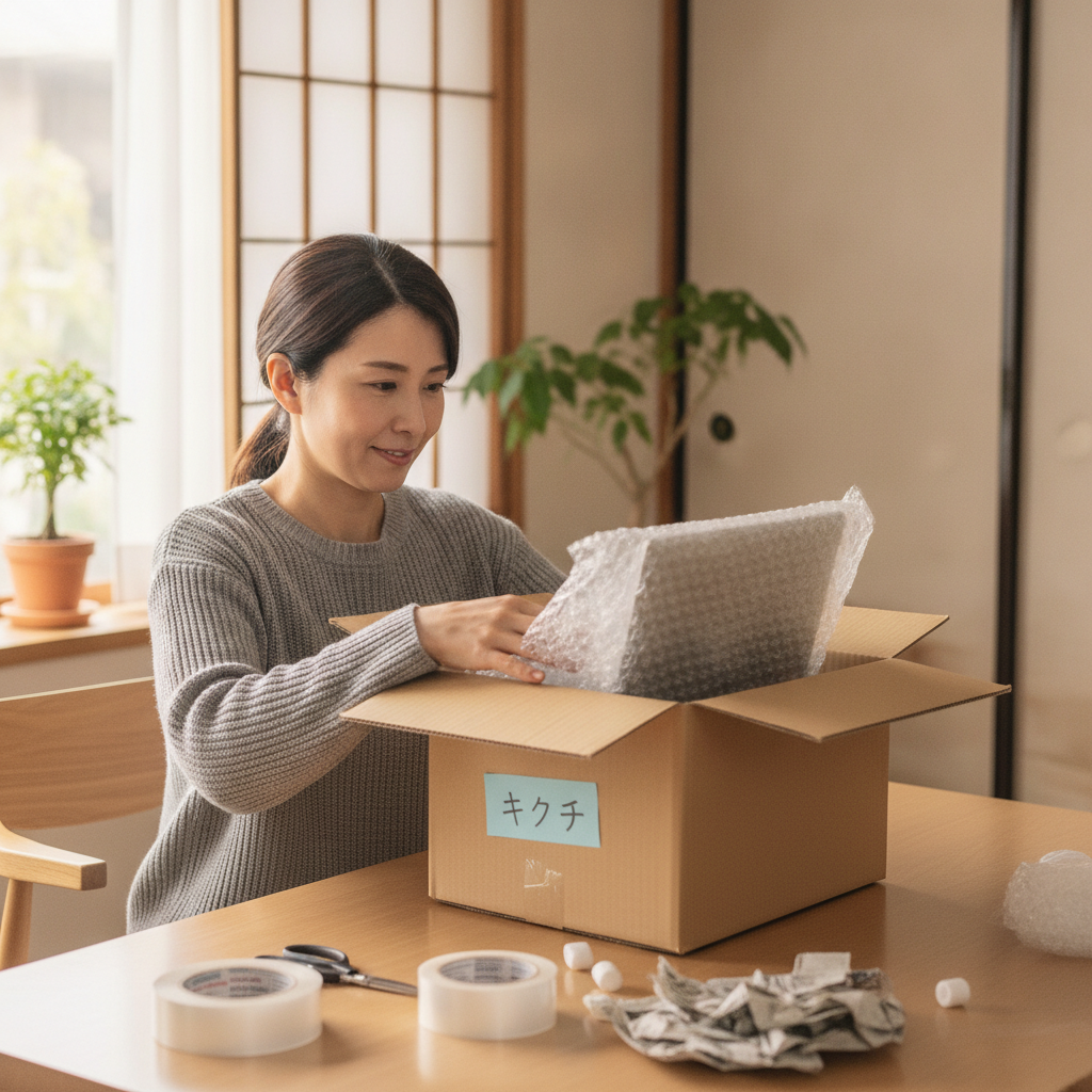 パソコンを梱包して郵送修理に出す準備をする女性