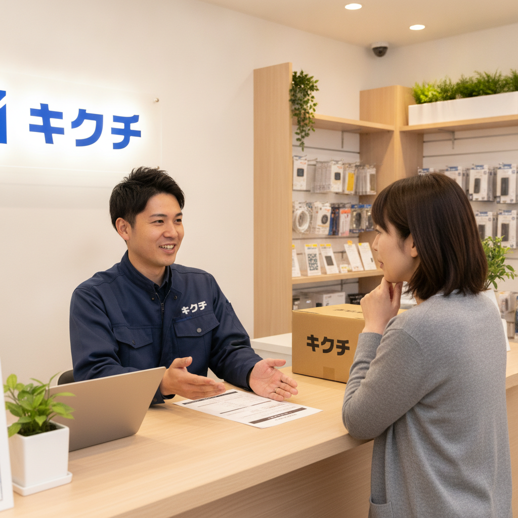 郵送修理の流れと見積もりを説明する修理のキクチスタッフ