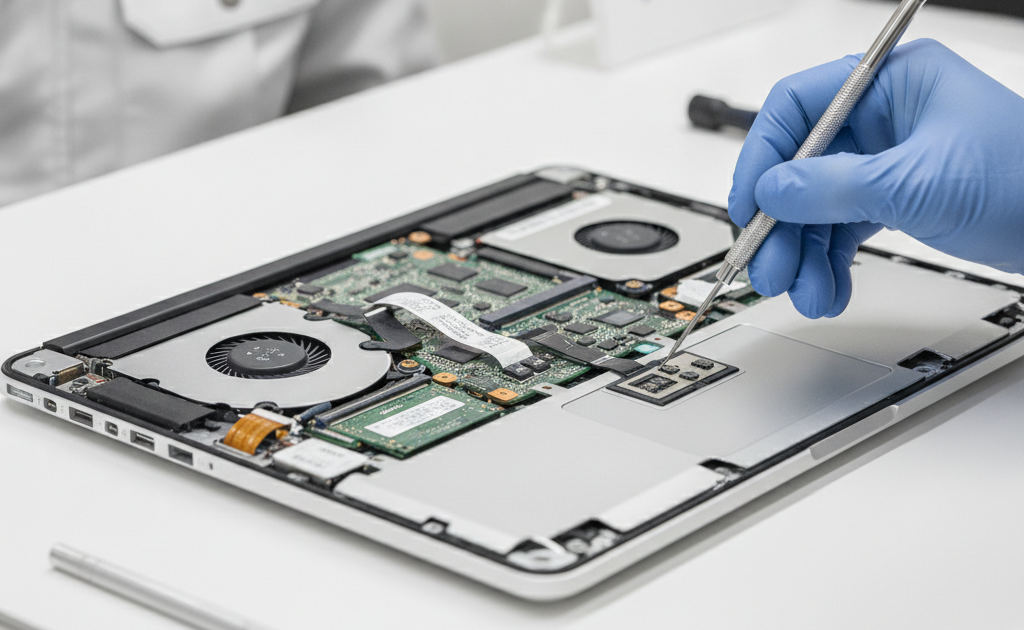 MacBookを分解してトラックパッド周辺を点検している様子