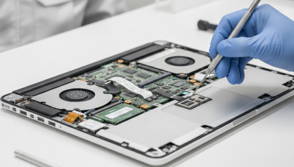MacBookを分解してトラックパッド周辺を点検している様子