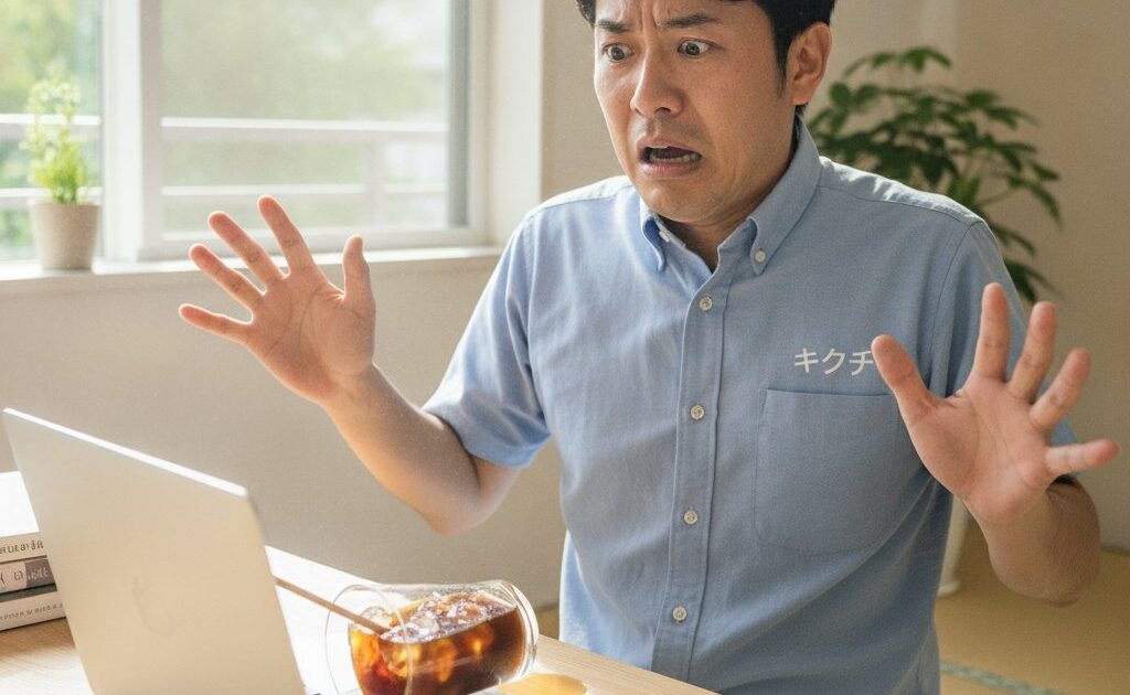 ノートパソコンにアイスコーヒーをこぼしてしまった男性