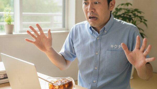 ノートパソコンにアイスコーヒーをこぼしてしまった男性