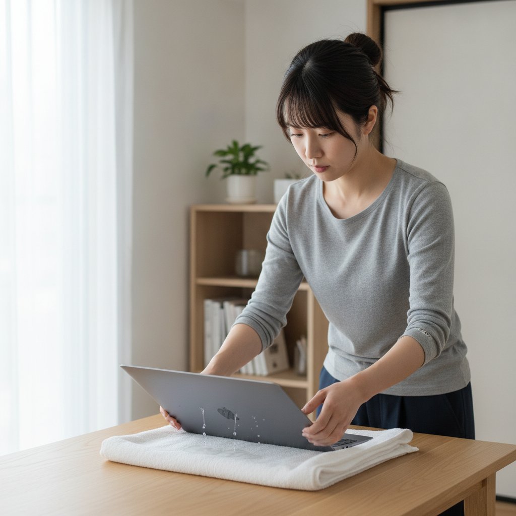 電源を切ったら本体を逆V字に伏せ、内部の液体を重力で排出します