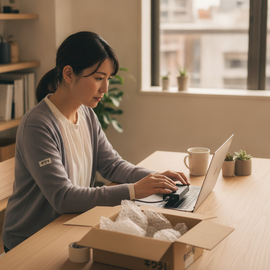 修理に出す前にデータをバックアップする女性