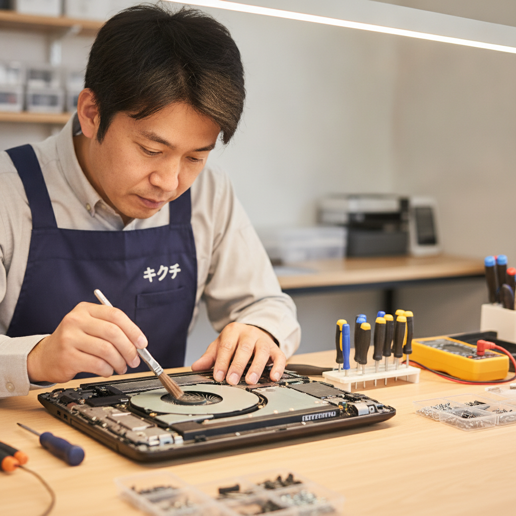 ノートパソコンの冷却ファンを清掃する修理技術者