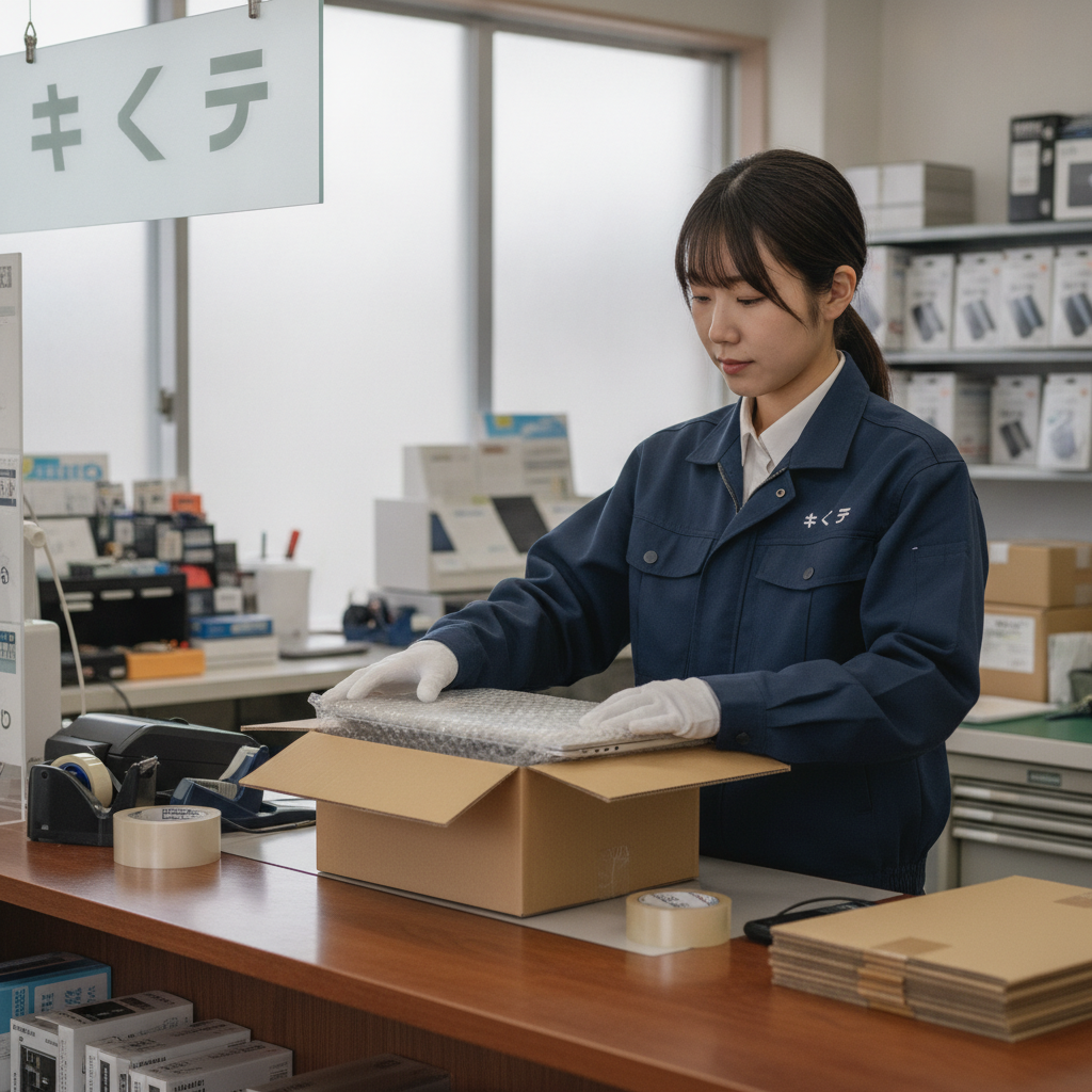 修理のキクチで郵送修理の梱包をする様子