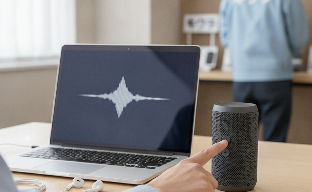パソコンの音声出力トラブルを確認している様子