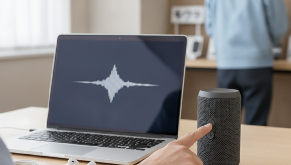 パソコンの音声出力トラブルを確認している様子
