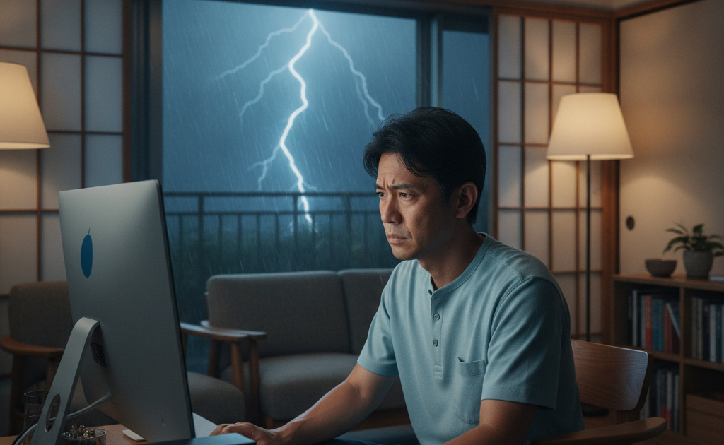 雷雨の夜にパソコンが起動せず困る男性