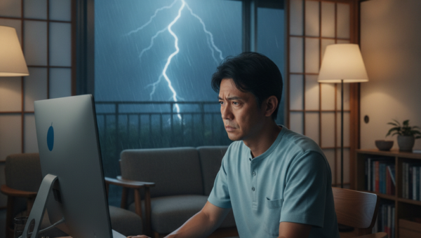 雷雨の夜にパソコンが起動せず困る男性