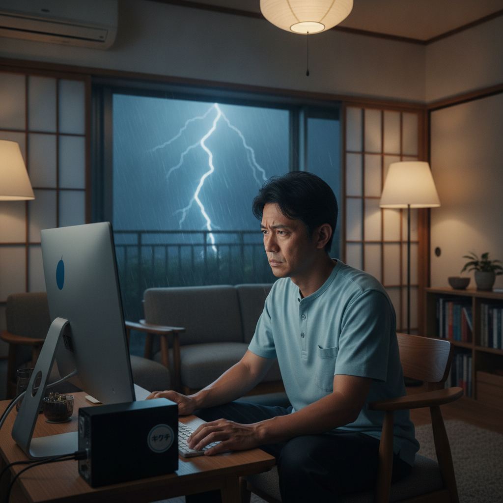 雷雨の夜にパソコンが起動せず困る男性