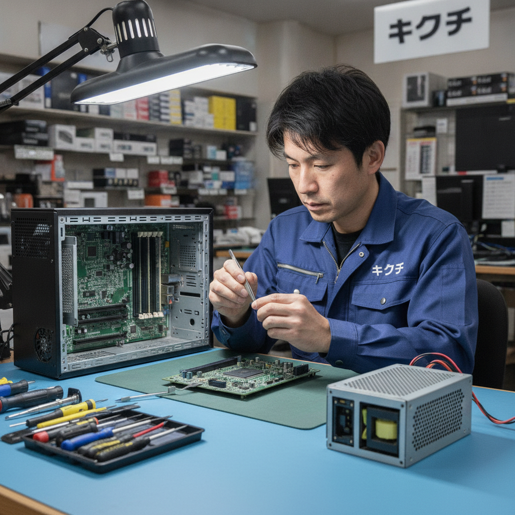 落雷で故障したデスクトップPCのマザーボードを点検する修理スタッフ