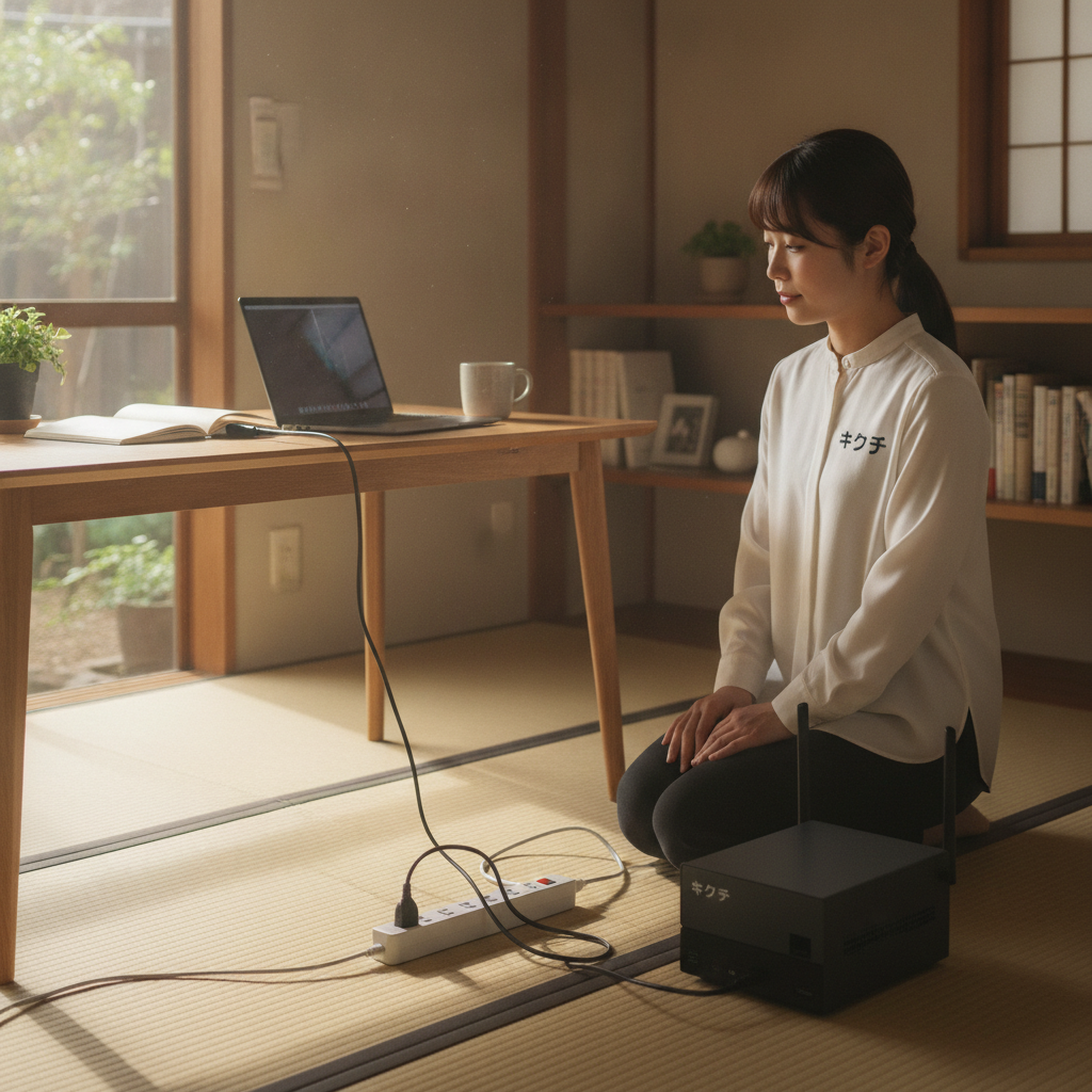 雷サージ対応電源タップとUPSでパソコンを保護する女性