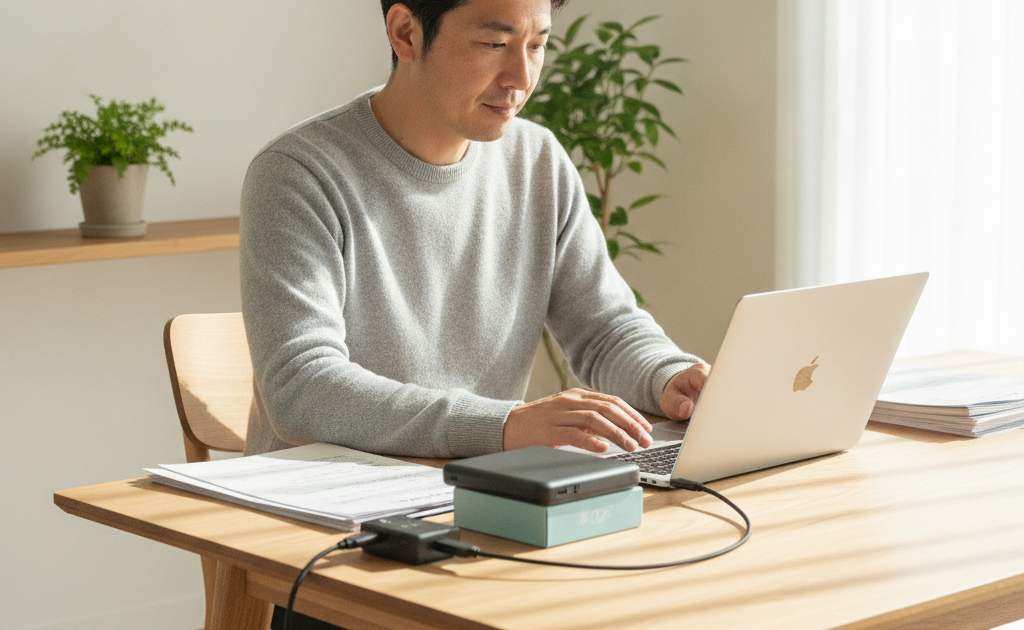 パソコンを修理に出す前に外付けSSDへデータをバックアップする男性