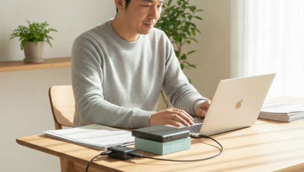 パソコンを修理に出す前に外付けSSDへデータをバックアップする男性