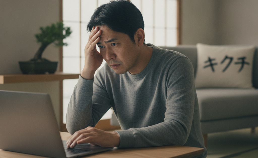 ノートパソコンの画面を見て困った表情を浮かべる日本人男性