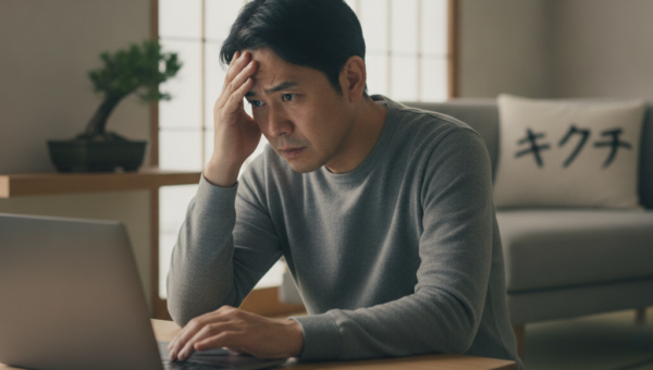 ノートパソコンの画面を見て困った表情を浮かべる日本人男性