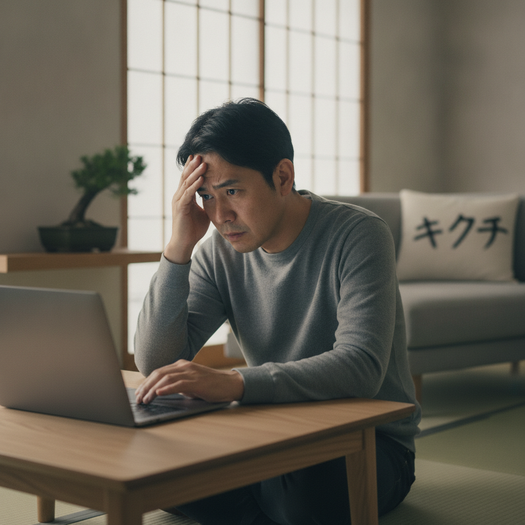 ノートパソコンの画面を見て困った表情を浮かべる日本人男性