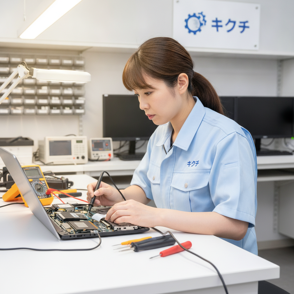 修理店でノートパソコンを診断する女性スタッフ