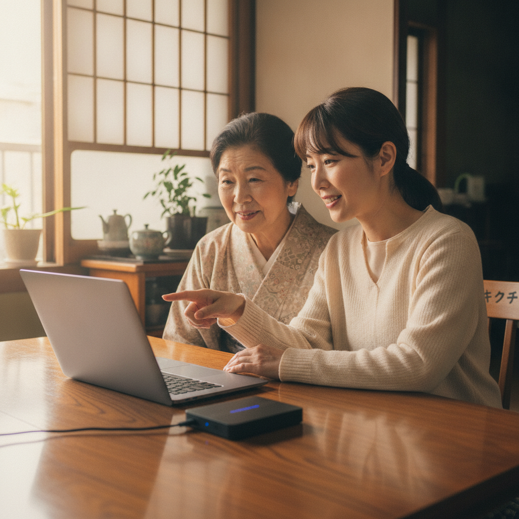 自宅でパソコンのバックアップを確認する親子