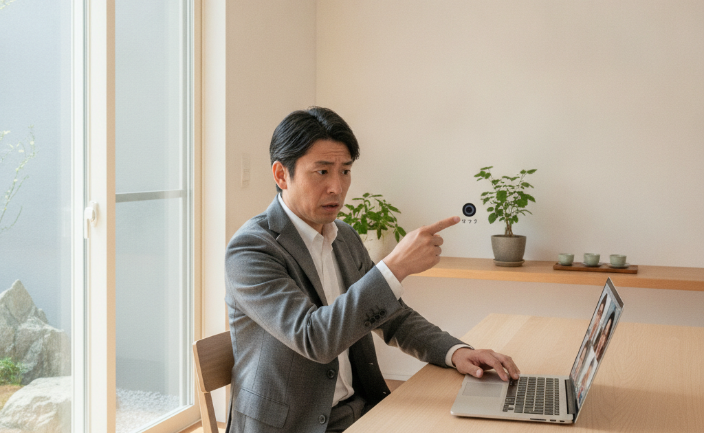 オンライン会議中にノートパソコンのWebカメラが映らず困る男性