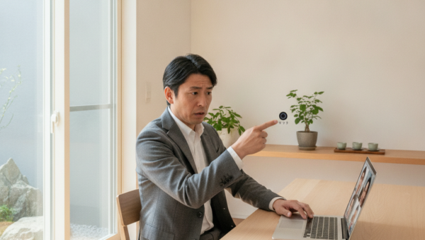 オンライン会議中にノートパソコンのWebカメラが映らず困る男性