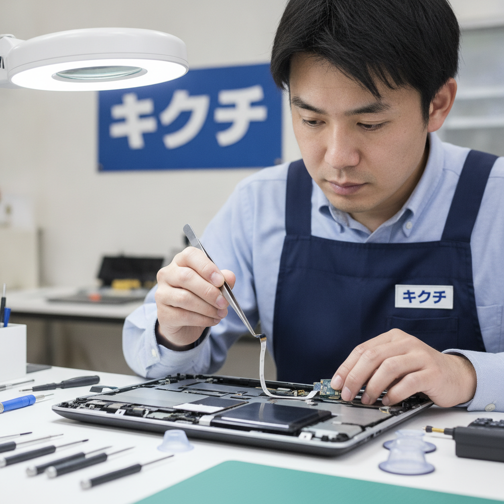 ノートパソコンの内蔵カメラモジュールを点検する修理スタッフ