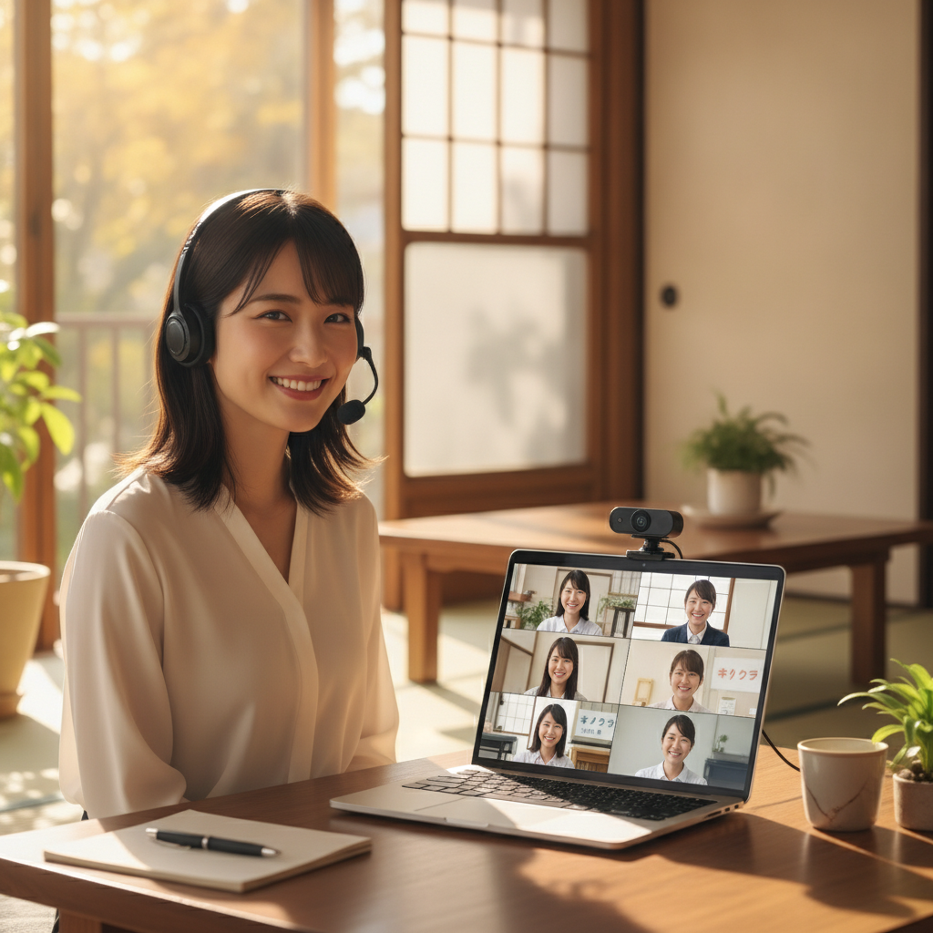 外付けWebカメラとヘッドセットでオンライン会議に参加する女性