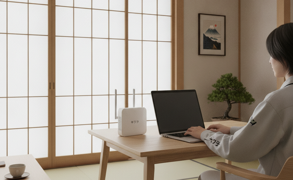 自宅でノートパソコンとWi-Fiルーターの接続を確認している様子