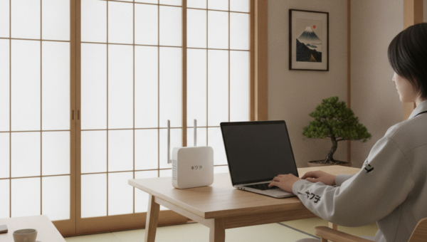 自宅でノートパソコンとWi-Fiルーターの接続を確認している様子
