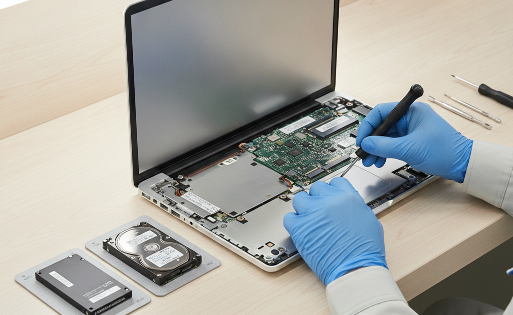 ノートパソコンのSSDとHDDを交換作業している様子