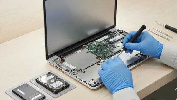 ノートパソコンのSSDとHDDを交換作業している様子