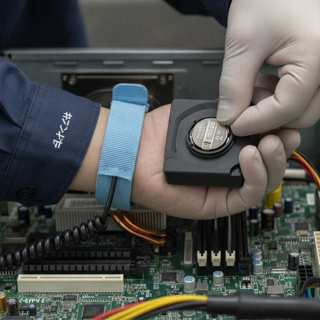 マザーボードからCMOS電池を取り外す作業