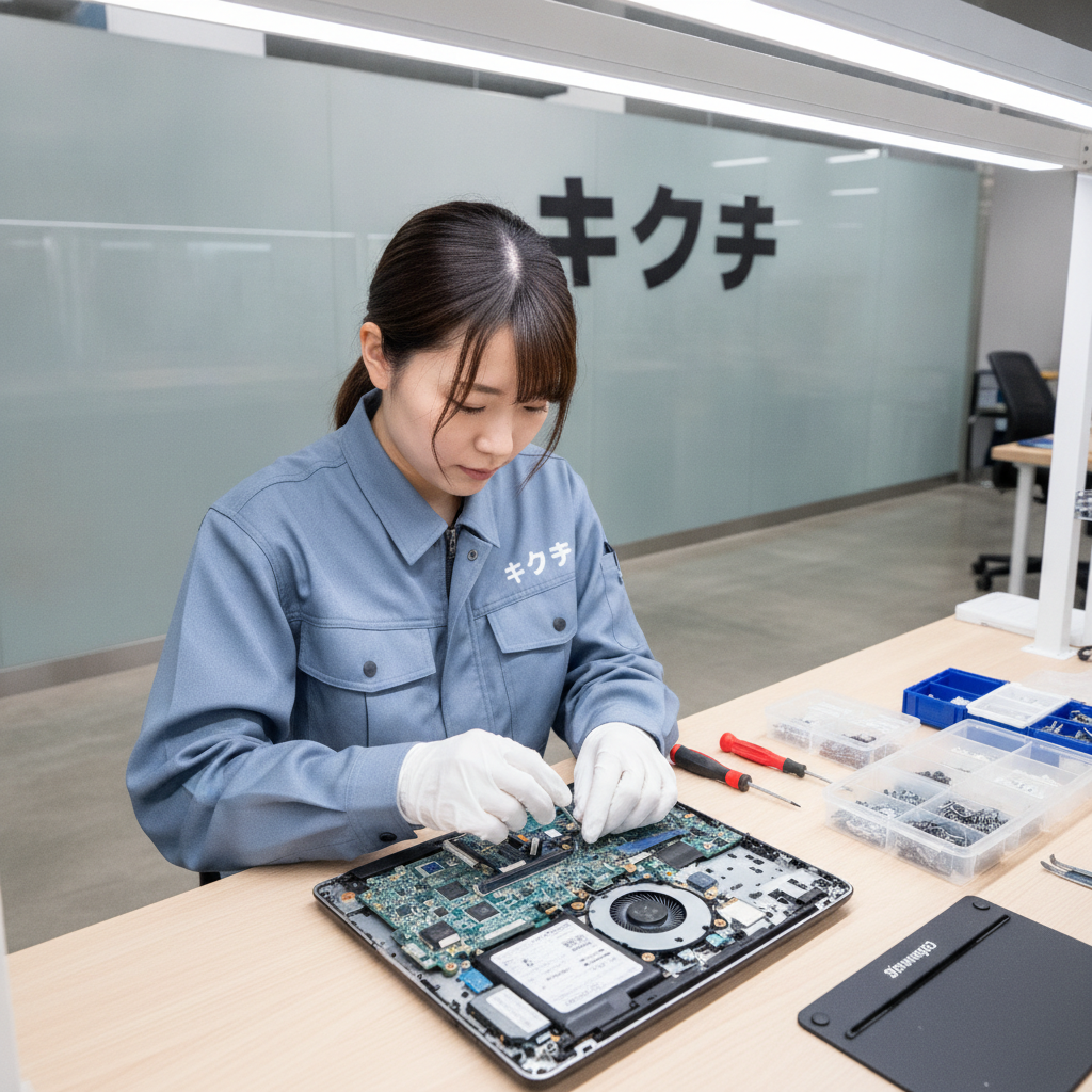 ノートパソコンを分解してCMOS電池を交換する修理技術者