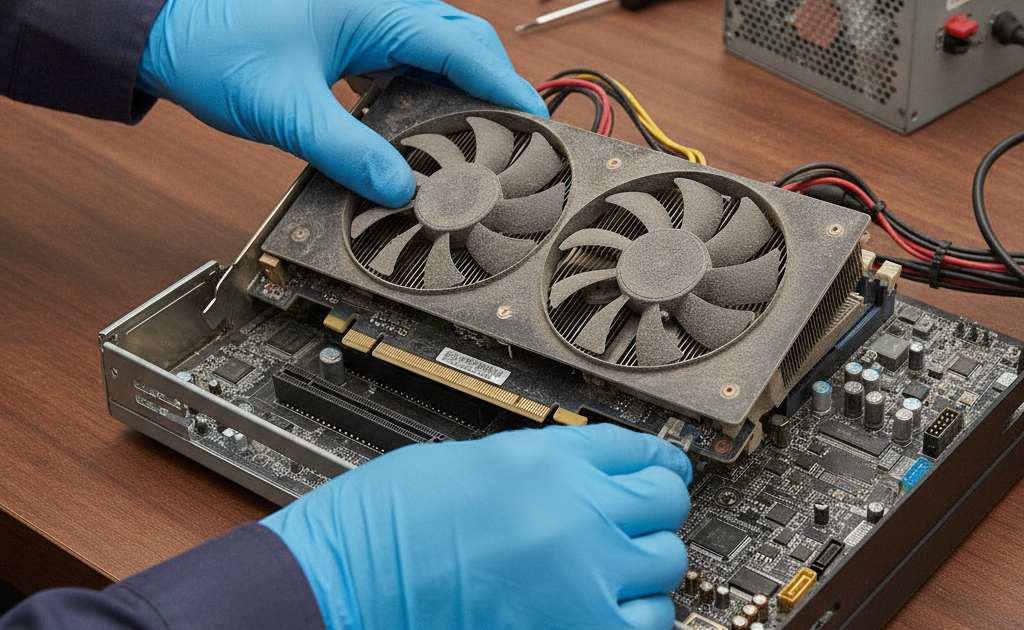 デスクトップパソコンからグラフィックボードを取り外している様子