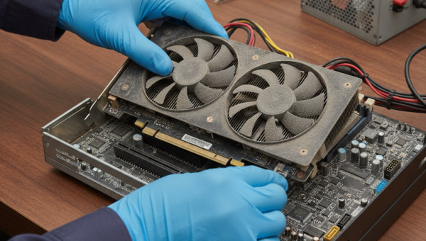デスクトップパソコンからグラフィックボードを取り外している様子