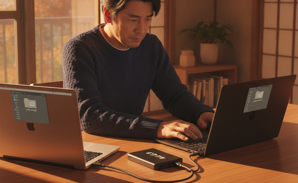 新しいパソコンへ外付けSSDでデータ移行する様子