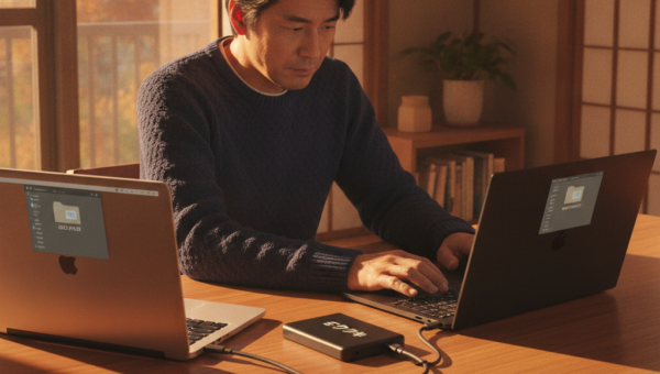 新しいパソコンへ外付けSSDでデータ移行する様子