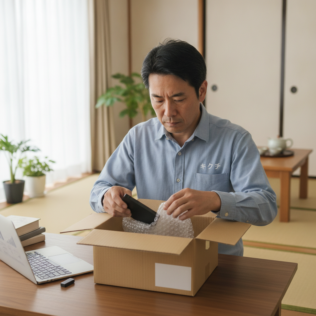 外付けHDDを梱包して郵送する様子