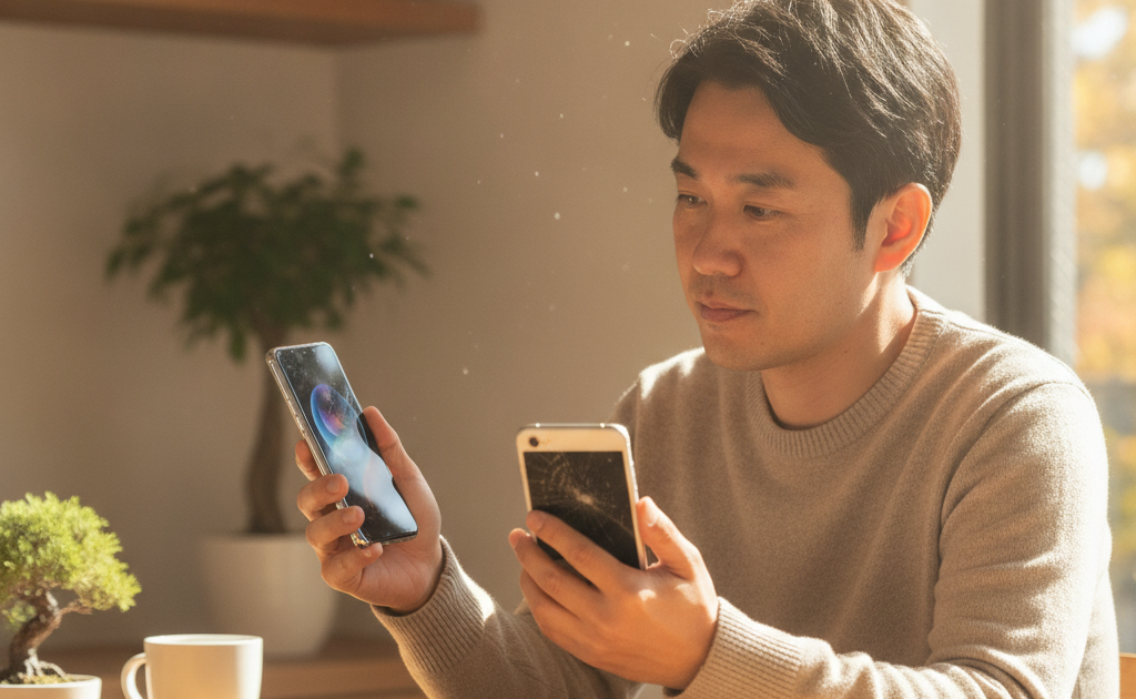 新型iPhoneと画面が割れた旧モデルiPhoneを見比べる男性