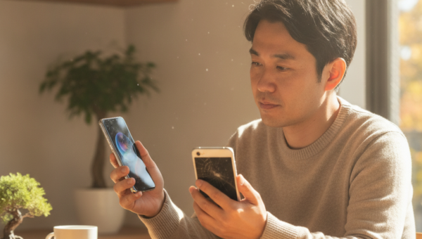 新型iPhoneと画面が割れた旧モデルiPhoneを見比べる男性