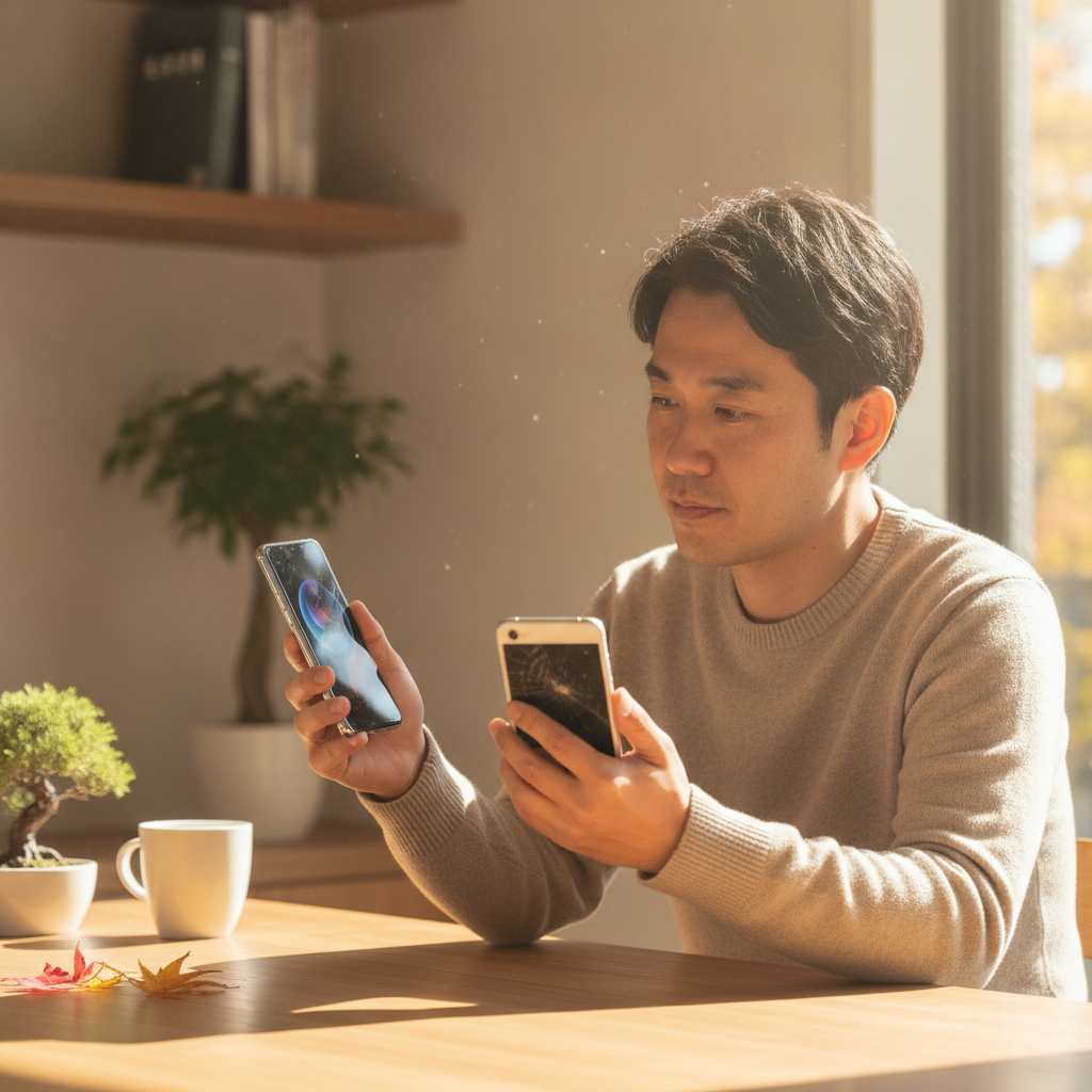 新型iPhoneと画面が割れた旧モデルiPhoneを見比べる男性