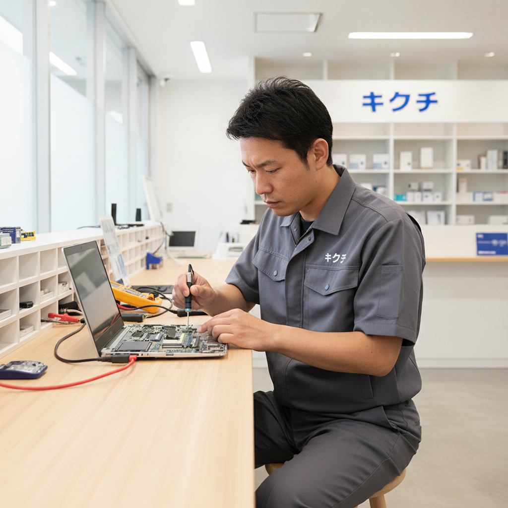個人事業主のパソコンを診断する修理スタッフ